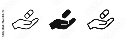 Hand holding pill or capsule icon set. Medication, pharmacy, and health care symbol in outline, solid, and doodle styles.
