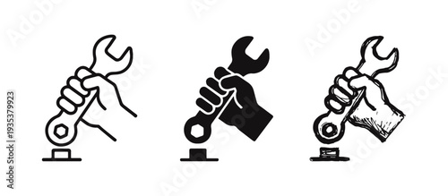 Hand holding wrench icon set for repair and maintenance, in outline, solid, and doodle styles