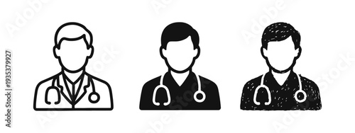 Doctor avatar icon set with stethoscope, for medical professionals, in various styles
