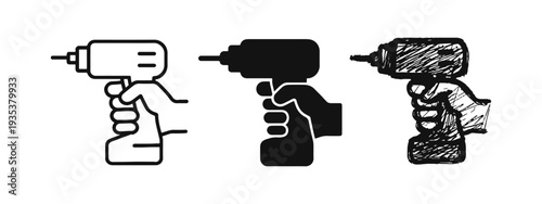 Hand holding electric drill icon set for construction and DIY, in outline, solid, and doodle styles