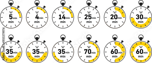 Stopwatch Timer Icon Set Featuring 5 to 70 Minutes Countdown Clocks with Yellow Progress Segments in Outline Vector Style