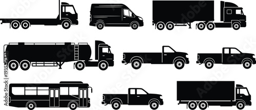 Collection of commercial vehicle silhouettes, trucks vans pickups tanker trailer bus delivery transport logistics fleet icons, isolated black vector style set cargo transport