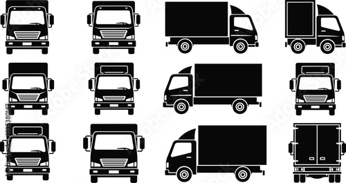 Delivery truck silhouettes set, cargo box trucks front side rear views, logistics transport vehicles, commercial shipping transport icons, vector illustration collection