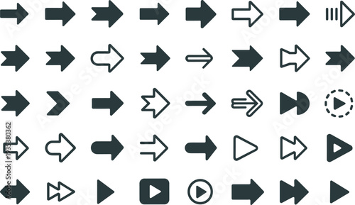 A diverse set of dark gray vector arrow icons, clearly indicating direction and navigation for digital interfaces, designed with a clean, flat look.