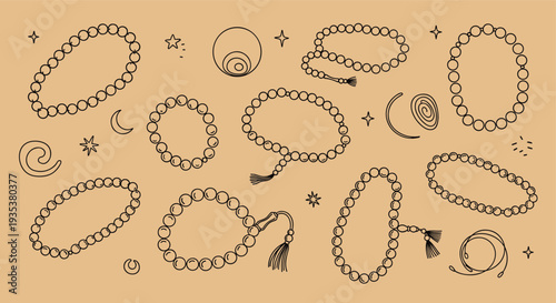 Collection of Hand Drawn Prayer Beads and Celestial Ornaments on a Textured Beige Background