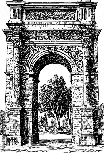 Triumphal arch with botanical motif - detailed vintage engraving from 19th century
