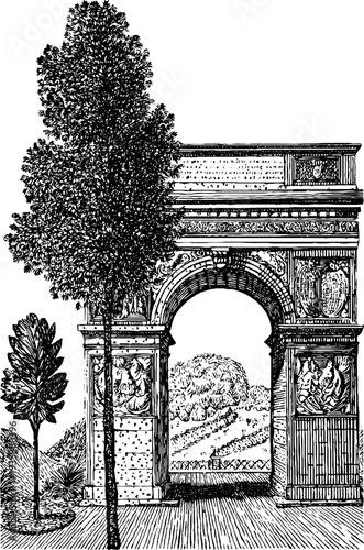 Detailed 19th century botanical triumphal arch vintage engraving for historical design projects