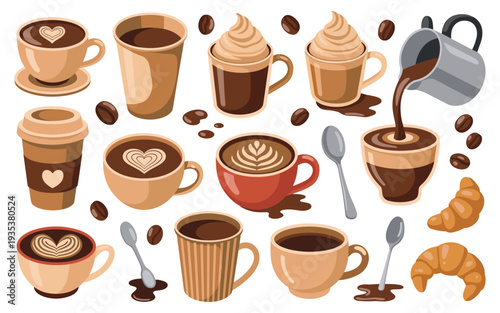 Vector illustration of coffee drinks: lattes, cappuccinos, espresso, pouring, croissants, beans. Lighting on white background evokes warm, energizing morning.