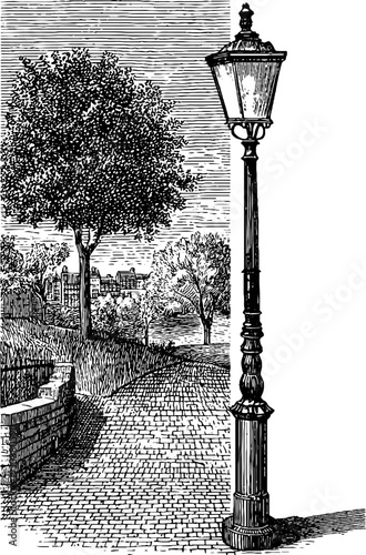 Victorian street lamp in park setting - hand drawn engraving for retro design