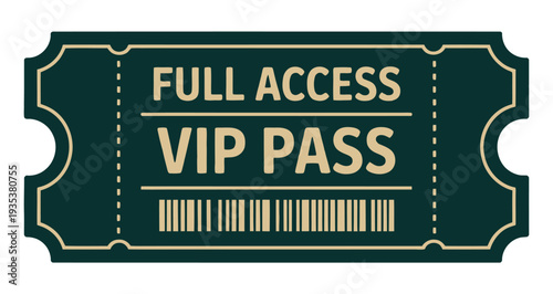 Elegant dark green VIP access ticket features bold white typography and a barcode for entry.