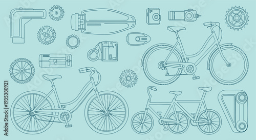 Detailed blueprint style illustration of various bicycle components and models including electric bikes and traditional cycles set against a teal background