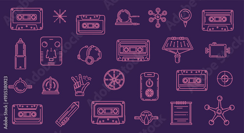 Retro technology icons set on a dark purple background featuring cassette tapes and vintage gadgets