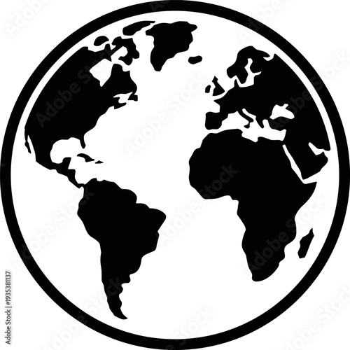 A bold graphic black silhouette of the Earth, depicting continents, symbolizing global unity, environmental awareness, and connection, isolated on white.