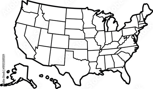 Black and white outline map of the United States, clearly showing all fifty state borders on a bright white background, for education.