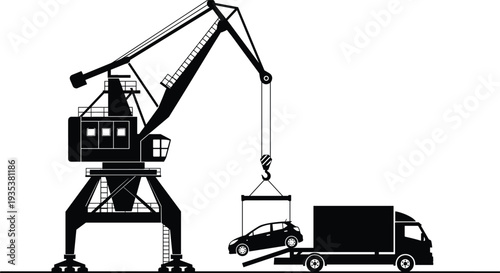 Harbor crane loading car silhouette, industrial port crane, vehicle transport truck, cargo logistics operation, shipping terminal equipment illustration isolated vector