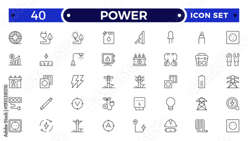 Power outline icon. Electricity icons set. Set of green energy thin line icons. Power related icon set. Icons for renewable energy, green technology.