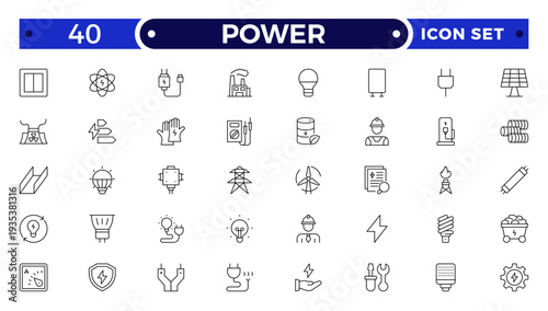 Power outline icon. Electricity icons set. Set of green energy thin line icons. Power related icon set. Icons for renewable energy, green technology.