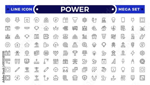 Power outline icon. Electricity icons set. Set of green energy thin line icons. Power related icon set. Icons for renewable energy, green technology.