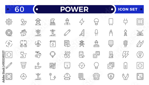 Power outline icon. Electricity icons set. Set of green energy thin line icons. Power related icon set. Icons for renewable energy, green technology.