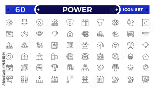 Power outline icon. Electricity icons set. Set of green energy thin line icons. Power related icon set. Icons for renewable energy, green technology.