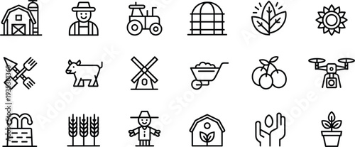 Agriculture and farming line icons set tractor barn farmer crops livestock eco farm vector outline symbols isolated