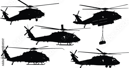 Helicopter silhouettes collection, rescue helicopter, cargo lift helicopter, military transport aircraft, aviation rotorcraft set, air transport vector illustration isolated