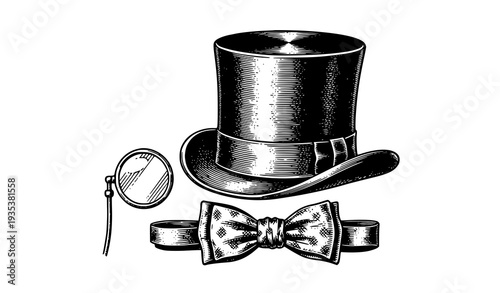 Victorian vintage top hat bow tie monocle engraving illustration
