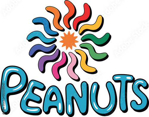 Colorful peanuts logo design with abstract swirl emblem, creative food brand vector illustration isolated on white background