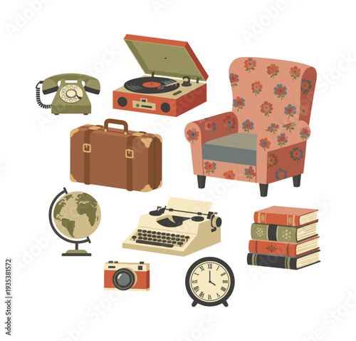 Vintage flat design objects including an armchair, suitcase, globe, record player, telephone, typewriter, camera, books, and clock