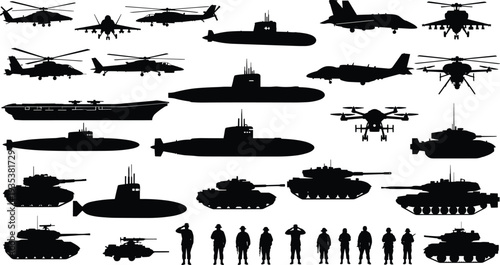 Military vehicles and weapons silhouettes set, tanks submarines fighter jets helicopters drones soldiers army equipment collection, defense forces vector illustration