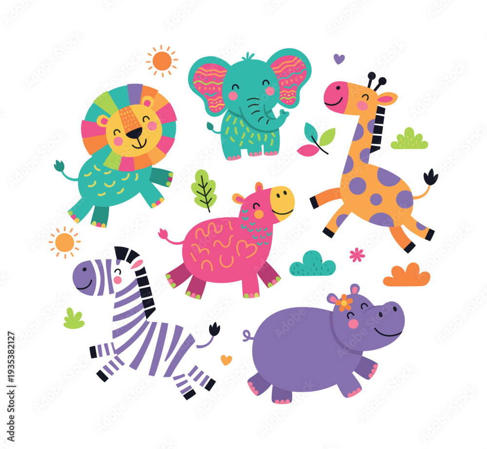 Naklejka premium Cute cartoon safari animals including a lion, elephant, giraffe, zebra, and two hippos, all smiling with playful energy