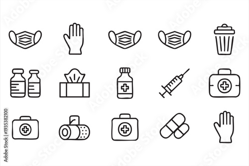 Medical Healthcare And First Aid Icon Set With Mask Syringe And Medicine