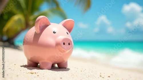 Pink piggy bank on sandy beach with turquoise ocean view, vacation savings metaphor, financial planning concept