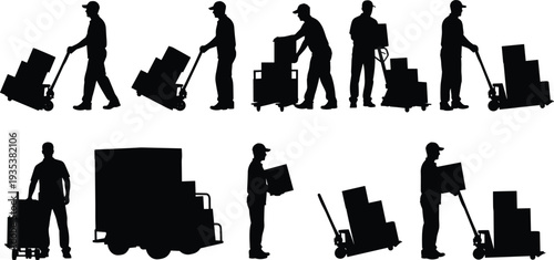 Warehouse worker silhouettes collection, delivery man with hand truck, loading boxes, logistics staff, package handling, courier service, cargo transport workers vector set