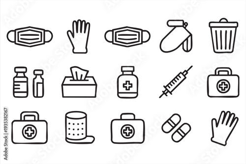Health Protection And Medical Care Icon Set With Mask Gloves And Bandage