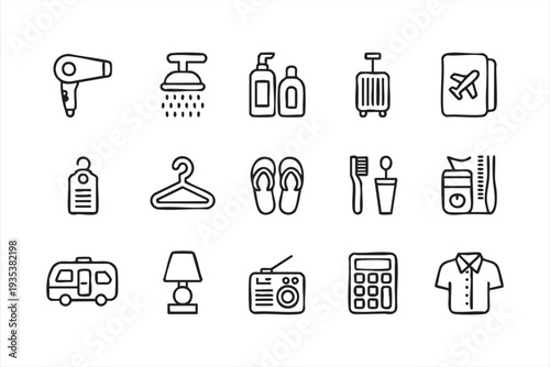 Travel And Hotel Personal Items Icon Set With Suitcase Passport And Toiletries