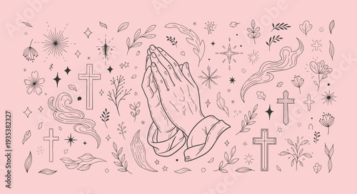 Praying Hands surrounded by delicate floral elements and crosses on a soft pink background symbolizing faith and spirituality