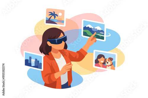Woman interacting with virtual reality images and digital content.