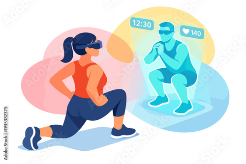 Woman exercising with virtual reality fitness trainer.