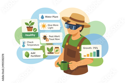 Farmer using augmented reality technology for smart farming and agriculture.