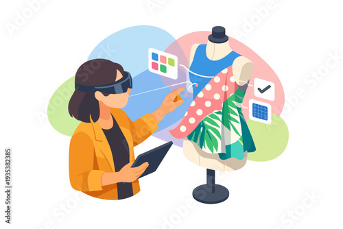 Woman uses virtual reality headset for fashion design and creation.
