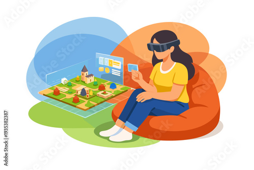 Woman wearing virtual reality headset playing immersive game.