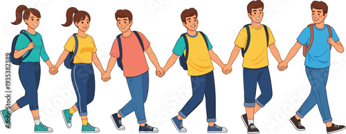 Happy School Children Holding Hands Walking Together Cartoon Vector Illustration of Friendship, Education, and Kids Going to School