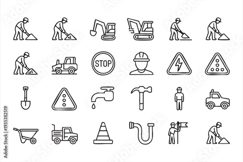 Construction Worker And Machinery Icon Set With Excavator Tools And Safety