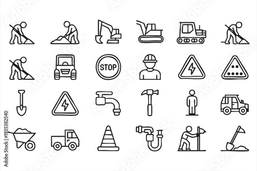 Industrial Construction Icon Set With Excavator Worker And Traffic Cone