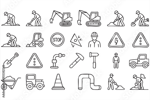 Engineering And Construction Icon Pack With Tools Vehicles And Safety Signs