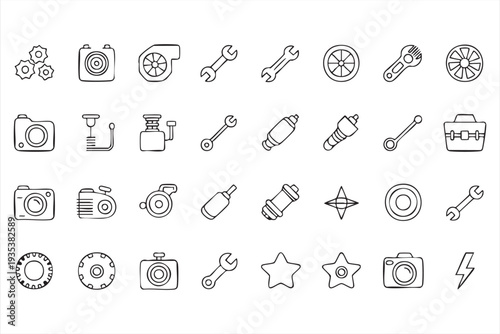 Automotive Mechanic Tools And Car Parts Icon Set With Wrench Gear And Engine