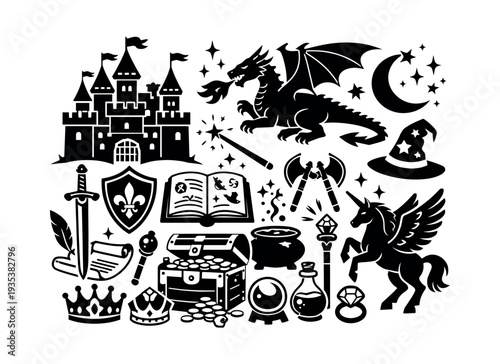 Group of dark silhouettes gathering fantasy and mythical elements such as a dragon, fortress, flying unicorn, and mystical tome