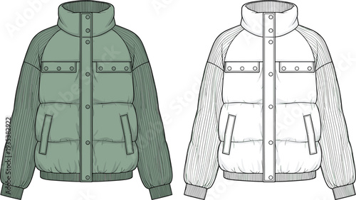 Fashion technical sketch of a puffer jacket vector template featuring front view mockups in olive green and white outlines.
