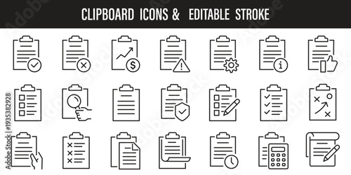 Clipboard and checklist outline icon set with business tasks, strategy, approval, tax and document management symbols. 20 Clipboard Task Management Line Icons. Survey icon set. Medical report icon 